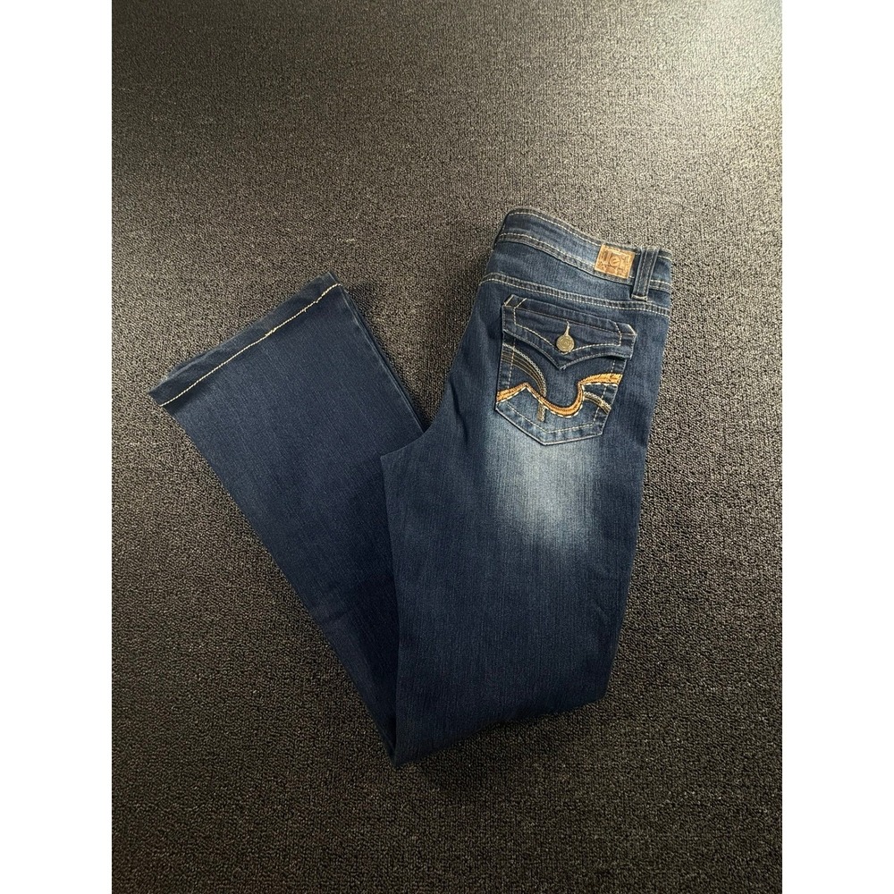 LEI Sophia Hipster Flare Jeans Dark Wash Embroidered Flap Pocket Size 15 Long
